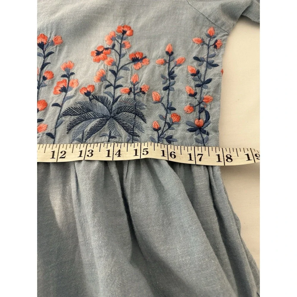 Womens M Midi Dress Blue Embroidered 100 %Cotton Boho Cottagecore Prairie Modest - Picture 8 of 9